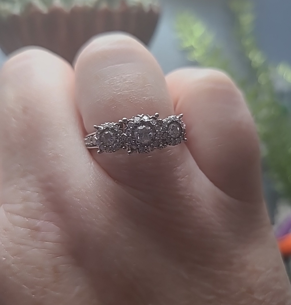 White Gold Three-Stone Halo Ring with Clear Stones
